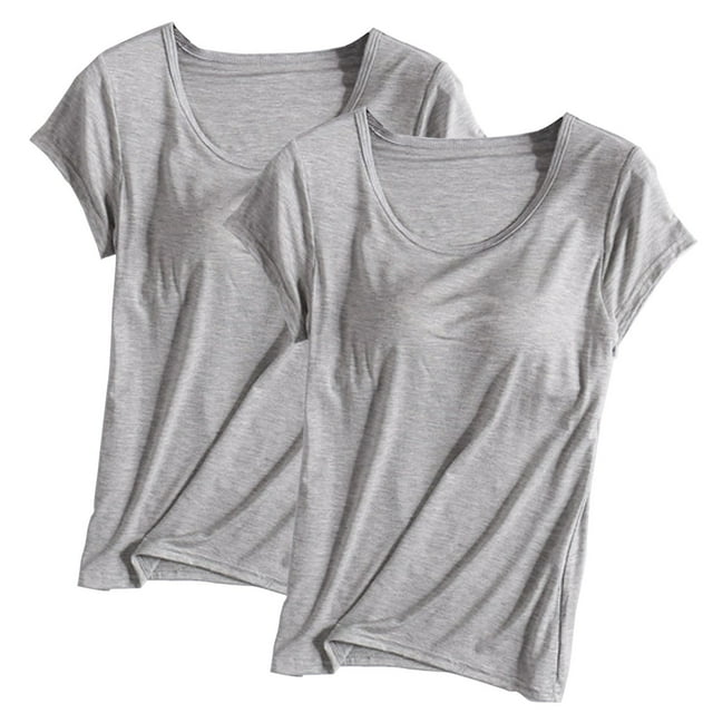 T-Shirt à Manches Courtes pour Femmes Articles en Liquidation Chemises de Mélange 2 Pcs avec Soutien-Gorge Tunique à Col Rond Rembourrée Confortable Athlétique