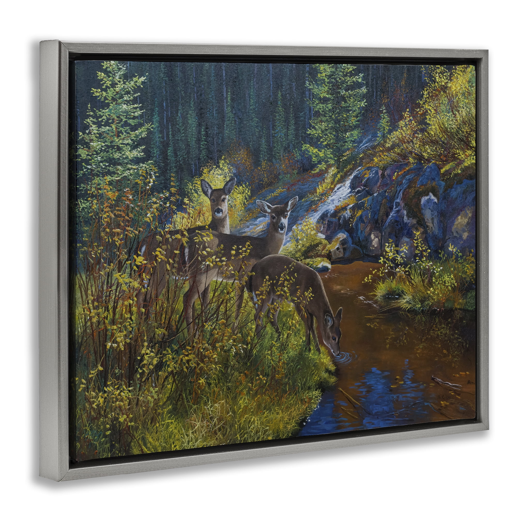 Stupell Industries Deer Drinking from River Landscape & Nature Painting Gray Floater Framed Canvas Art Print Wall Art, 31 x 25