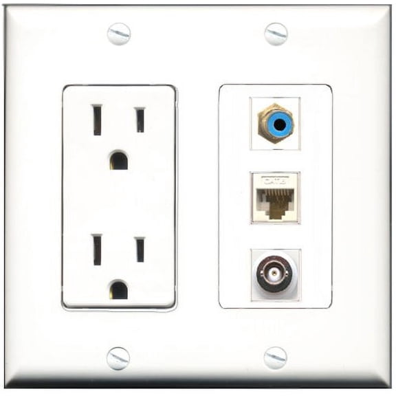 RiteAV - 15 Amp Power Outlet 1 Port RCA Blue 1 Port BNC 1 Port Cat6 Ethernet Ethernet White Decorative Wall Plate