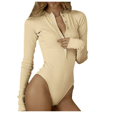 

Jumpsuits Bodysuit For Women Womens Long Sleeved Solid Color Bottoming Shirt T Shirt Round Neck Button Knitted Jumpsuit Body Suits Women Clothing Underwear Pajamas Lingerie For Women