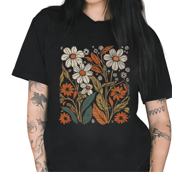 Cozymy Women's Vintage Boho Floral Daisy Print Graphic Short Sleeve T-Shirt Casual Retro Botanical Crewneck Cotton Top