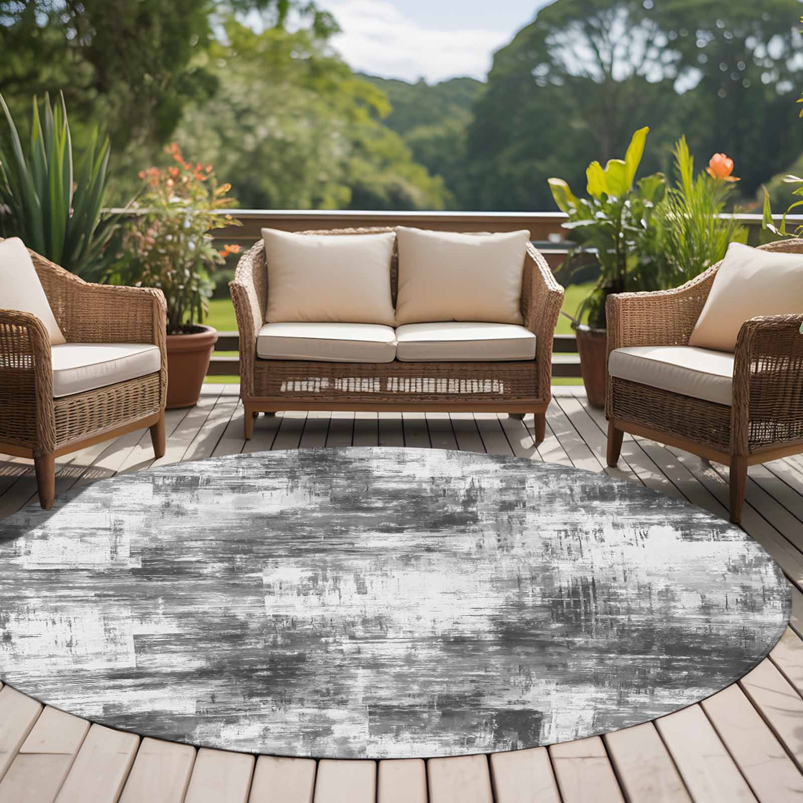 Round Area Rug 6 Ft, Black Grey Ombre Washable Non-Slip Circle Carpet for Living Room/Bedroom, Gradient Abstract Art Vintage Low-Profile Indoor Mats Collection Rugs for Residential