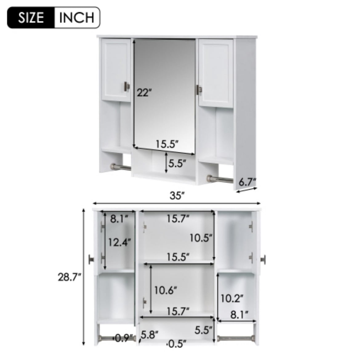 35"x 28" Wall Mounted Bathroom Medicine Cabinet with Mirror, Bathroom Storage Cabinet with Towel Bar, Adjustable Shelves, 3-Door MDF Wall Cabinet, White