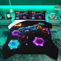Castle Fairy Boys Girls Hexagon Video Game Full Size Comforter Sets 3-Piece,Abstract Gradient Gamer Bedding Comforter Set,Starry Sky Lightweight Bedding Sets,Super Cozy Room Decor,Reversible