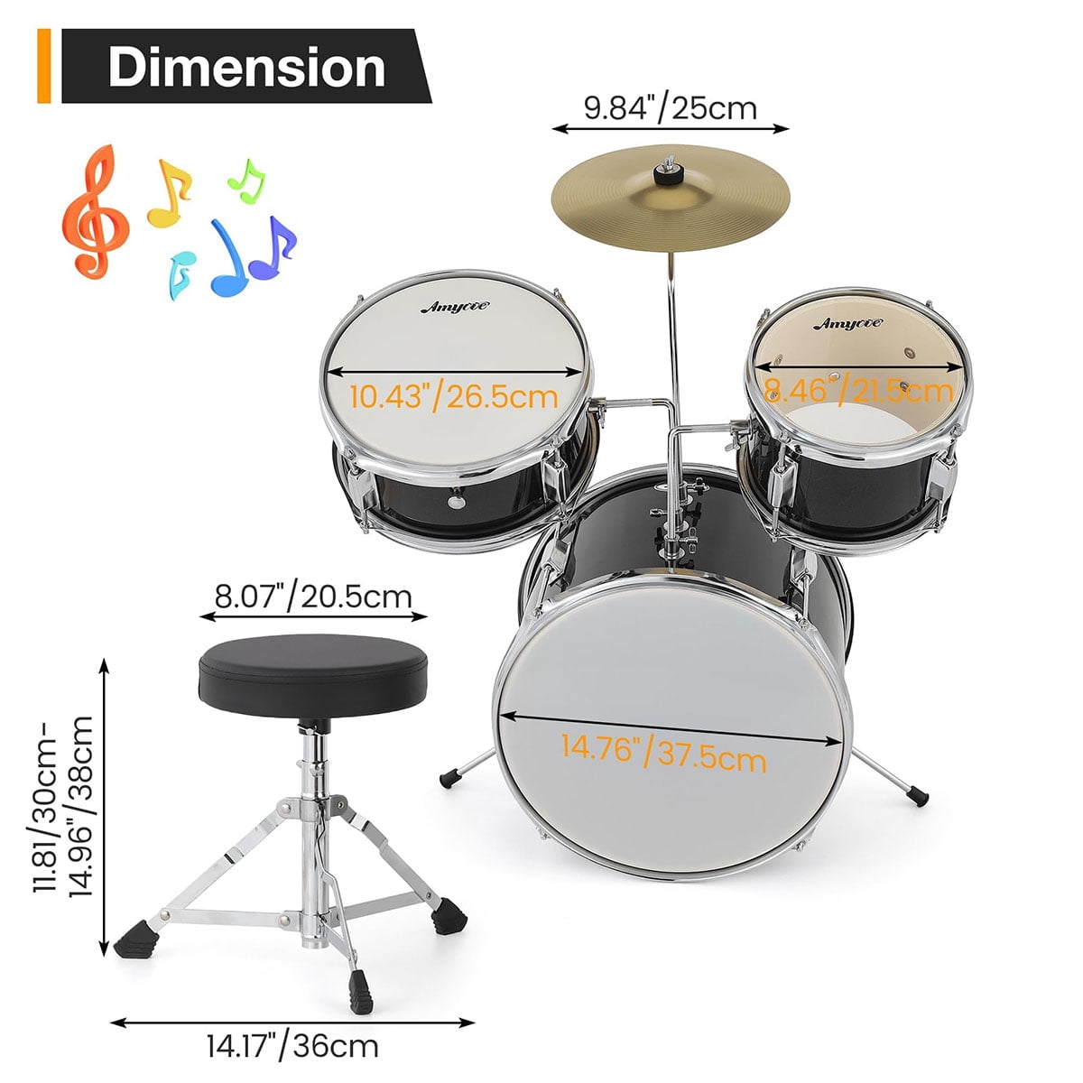 Danolapsi 3 Piece Kids Drum Set with Cymbal, 2 Drumsticks, Pedal, 2 Tom,Beginner Junior Drum Kit with Throne Stool, Musical Instruments for Boys and Girls