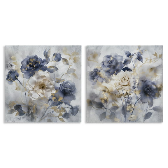 Stupell Industries Blue & Gold Accented Roses Floral Painting Wrapped Canvas Canvas Art Print Wall Art, 17 x 17, Set of 2