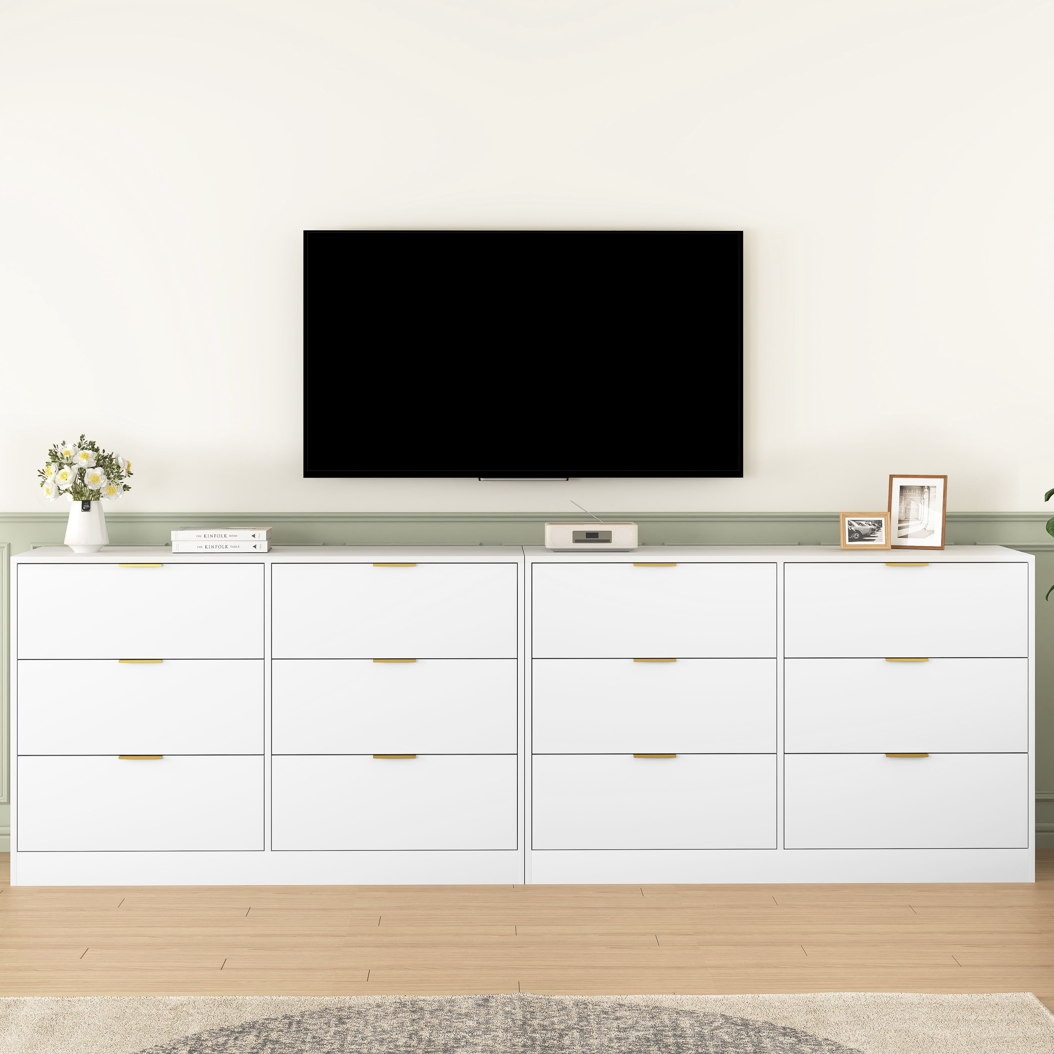 Mintazer Wide Dresser with 6 Drawers, Storage Chest of Drawers with Gold Metal Handles for Entryway Bedroom Living Room Hallway, White