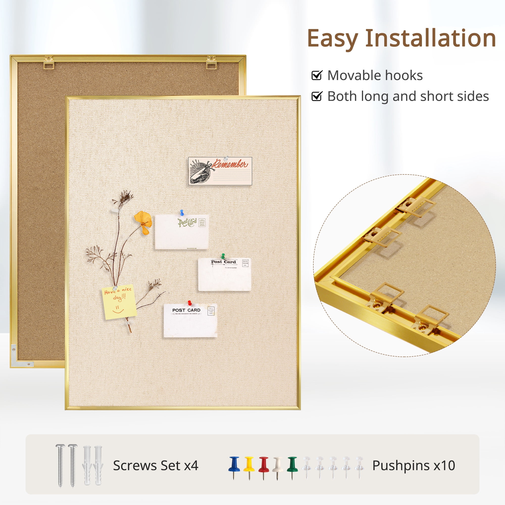 DOLLAR BOSS Linen Bulletin Board 36x24 Inches Cork Board for Wall Poster Board with Gold Aluminum Frame Hanging Pin Board Vision Board for Home Office Room Decor with 10 Push Pins