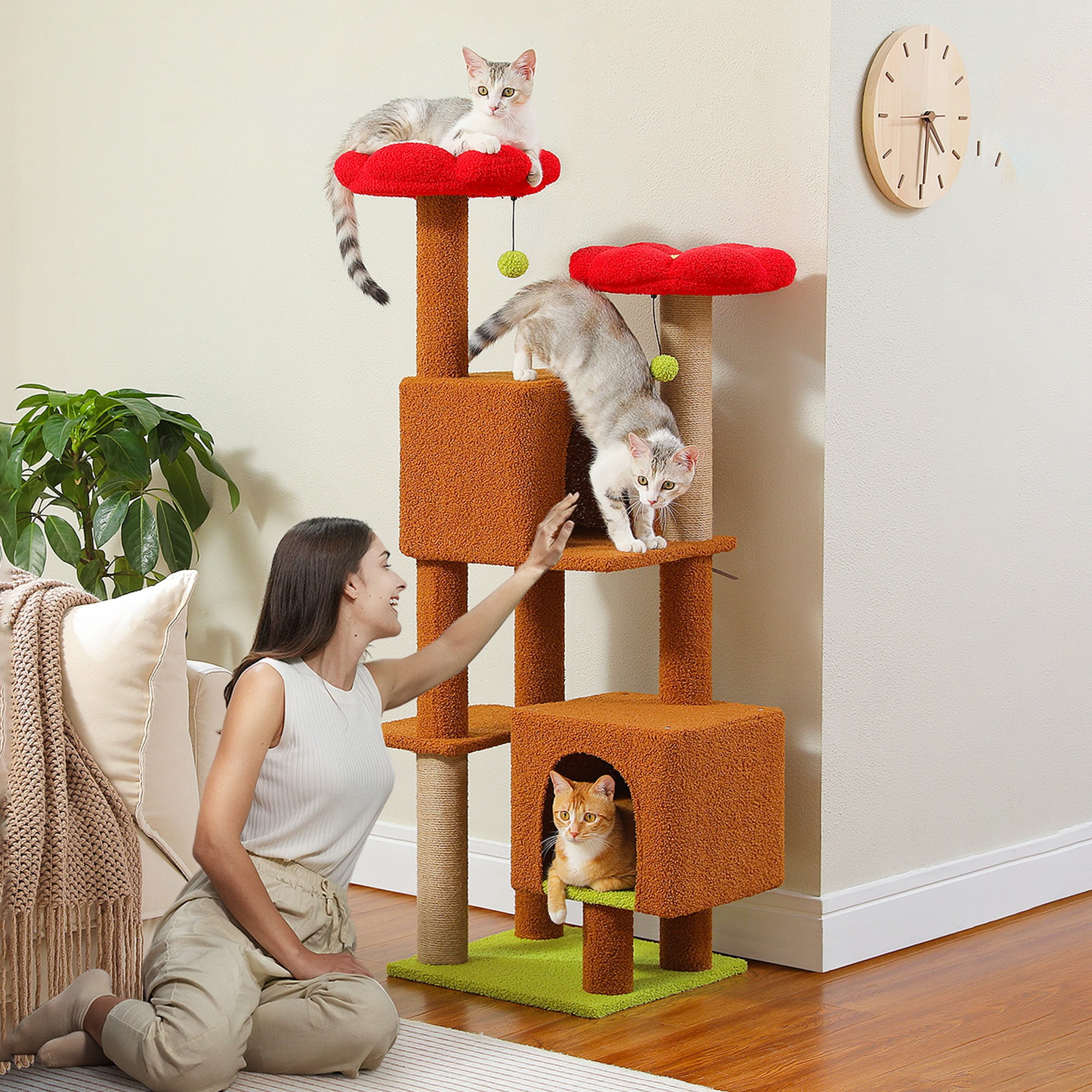 Kadyn 52" Cat Tree Tower with 2 Scratching Posts, 2 Perches, 2 Caves, Pompoms, Multi-Level Plush Cat Condo for Indoor Cats, Brown