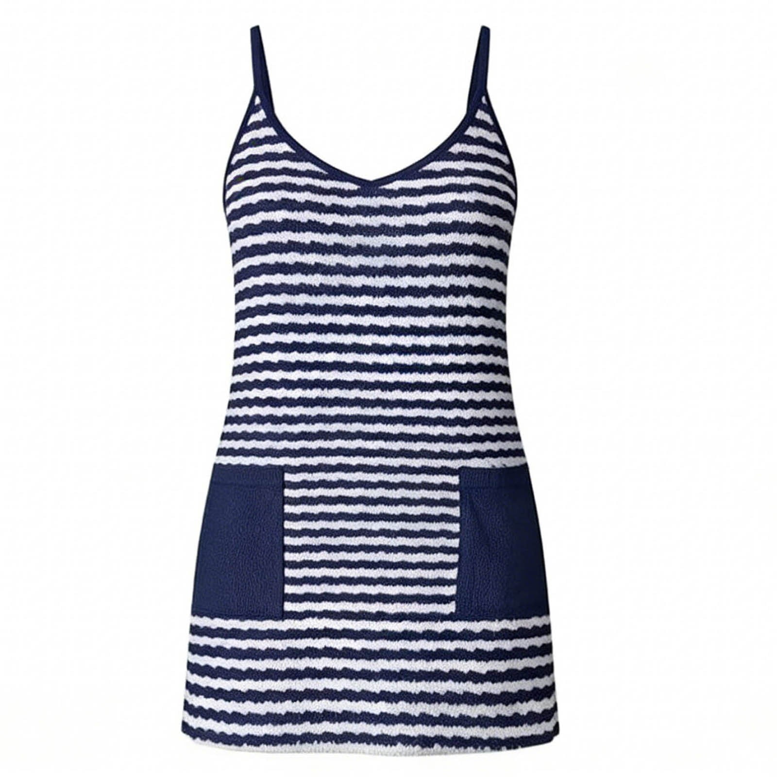 Abomasnow Womens Athletic Dress Spaghetti Strap Sleeveless V-Neck Striped Mini Dress Casual Summer Beach Vacation Dress with Pockets