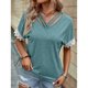 thumbnail image 2 of Camiseta de verano para mujer, holgada, de manga corta, con escote en V y ribete de encaje, diseño entrecruzado, azul lago, talla M, 2 of 6