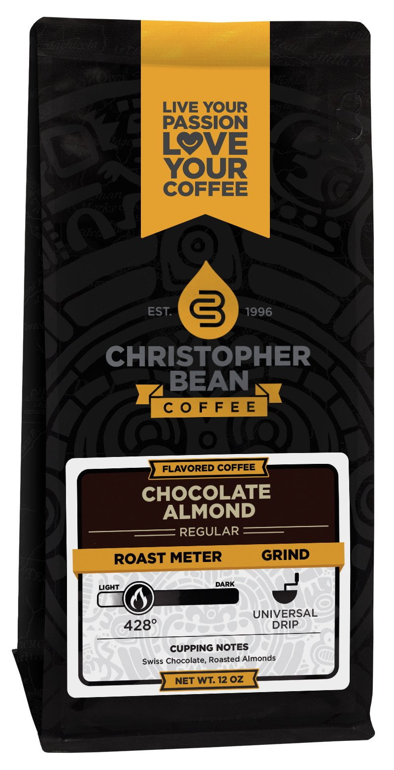 Chocolate Almond Flavored Regular Ground Christopher Bean Coffee, 100% Arabica, No Sugar, No Fats, Made with Non-GMO Flavorings, 12 Oz Bag