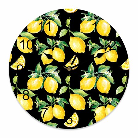 Wall Clock Yellow Lemon Clocks PVC Silent Non-Ticking Battery Operated Decorative Watercolor Fruit Leaves Black Round Clock for Home Living Room Kitchen Bedroom Office School Wall Decor 14 Inch