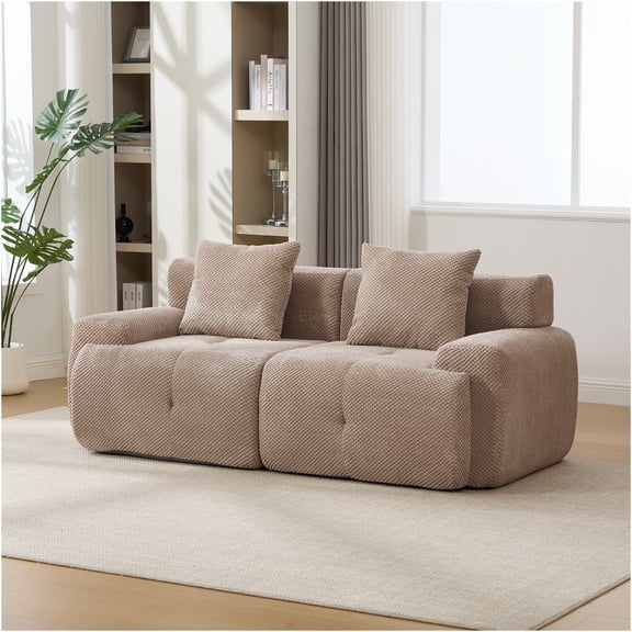JERFIT 73 inch Modern 2-Seater Loveseat Sofa, Convertible Floor Couch with Tufted Back and 2 Pillows, Plush Polyester Fabric for Small Space, Living Room, Apartment, Taupe
