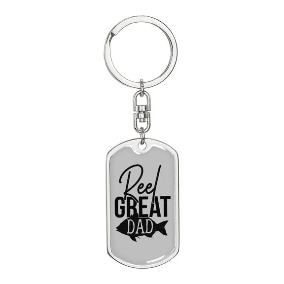 Reel Great Dad Fishing Plain Stainless Steel or 18k Gold Premium Swivel Dog Tag Keychain