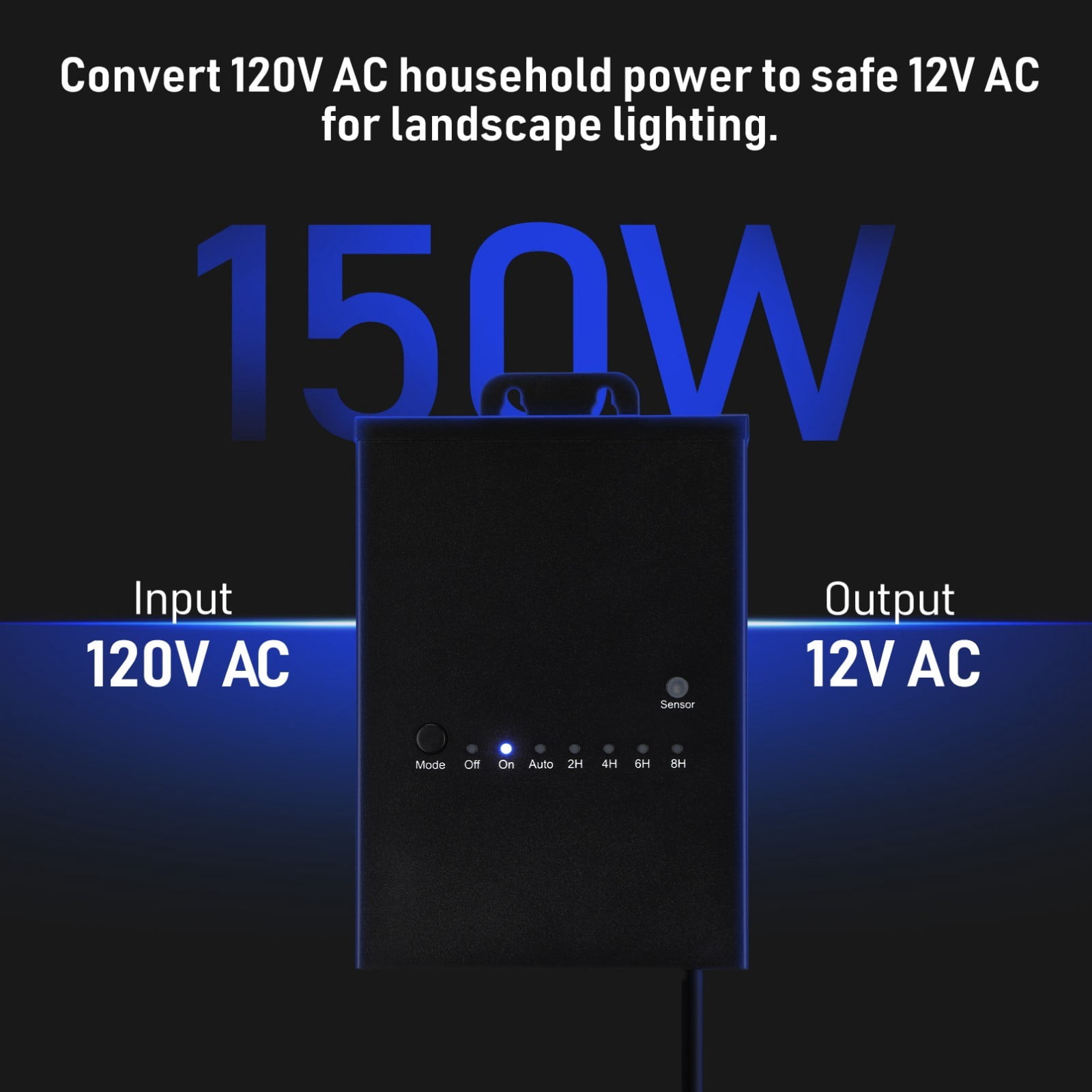 150W Outdoor Low Voltage Landscape Transformer, 120V AC to 12V AC Transformer with Countdown Timer and Photocell Light Sensor, ETL Listed, IP65 Waterproof, for Outdoor Spotlight Pathway Light