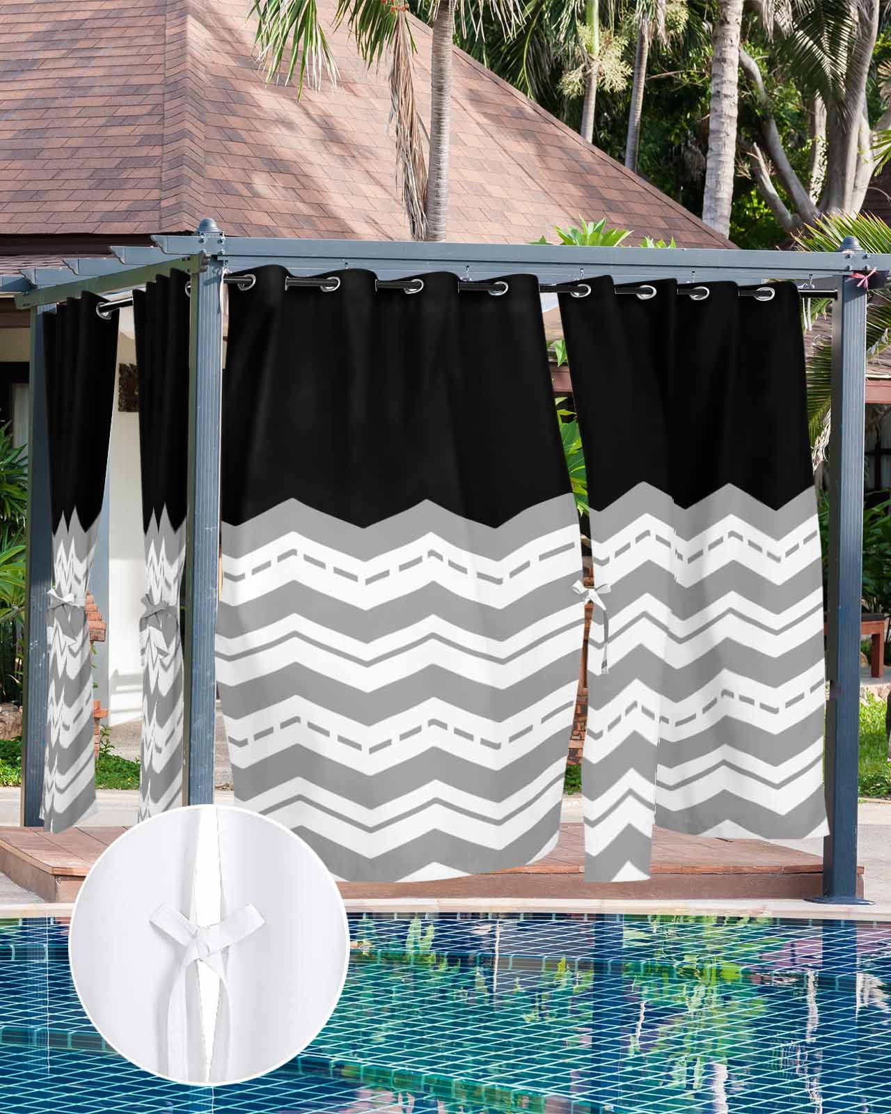 Black Grey Outdoor Curtains for Patio, Geometric Chevron Print Wavy Striped White Privacy Drapes Grommet Waterproof Outside Curtains for Porch/Cabana/Balcony 54"x 95", 2 Panel