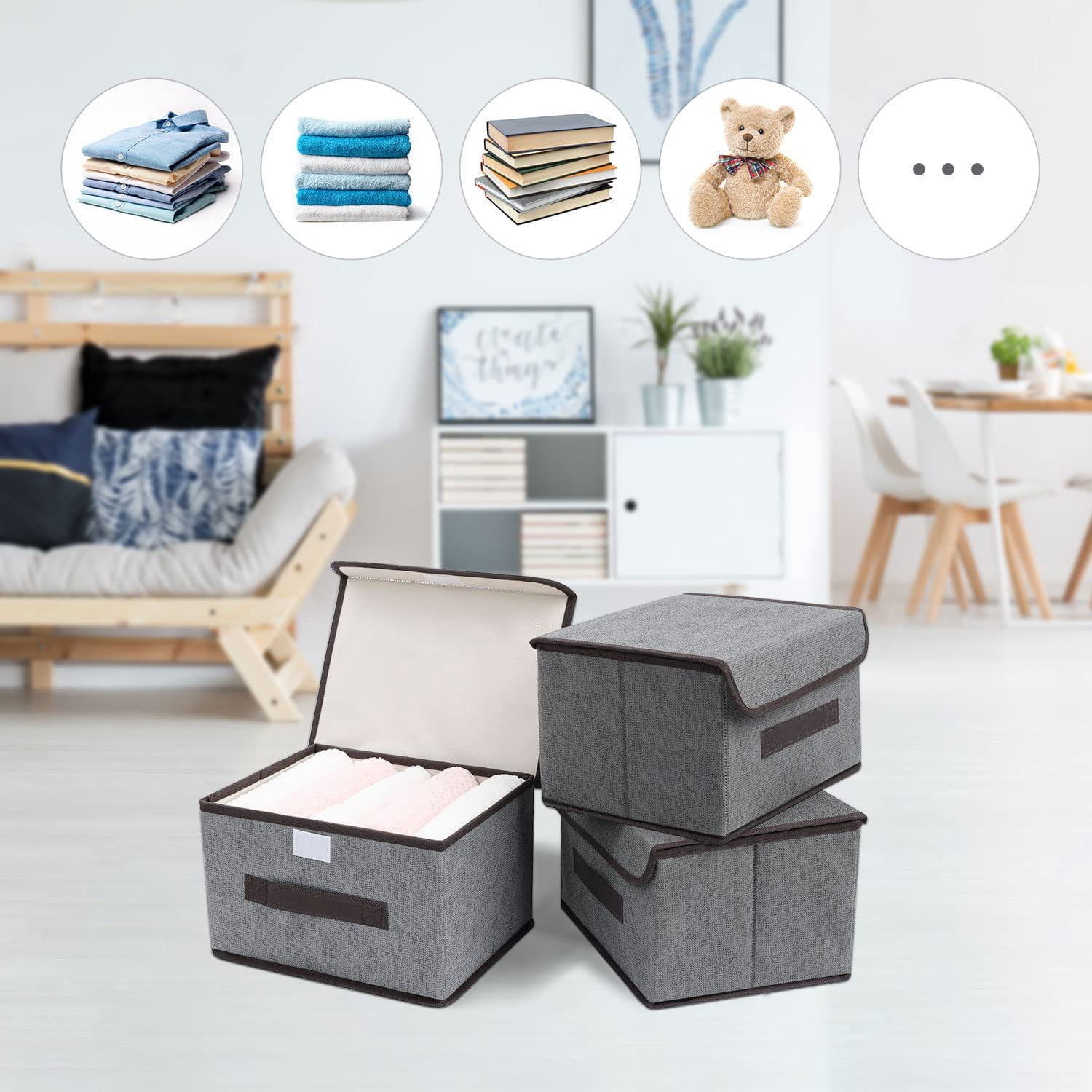 TRIANU Storage Bins with Lids, Large & Small Foldable Storage Boxes Bins Stackable Storage Box Basket Closet Organizer with Handle for Shelf, Office, Toys, Clothes, Books, 2Pack, Gray