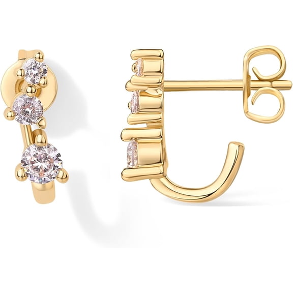 18K Gold Plated Sterling Silver Posts Cubic Zirconia Half Huggie Earrings | Small Hoop Earrings for Women | Constellation Baguette CZ Dainty Stud Cuff Earring