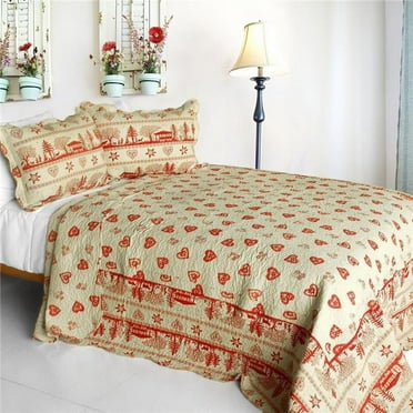 QTS-SJ627-23 Amelie - 3 Pieces Cotton Contained Vermicelli-Quilted Patchwork Quilt Set  Full & Queen Size - Pink