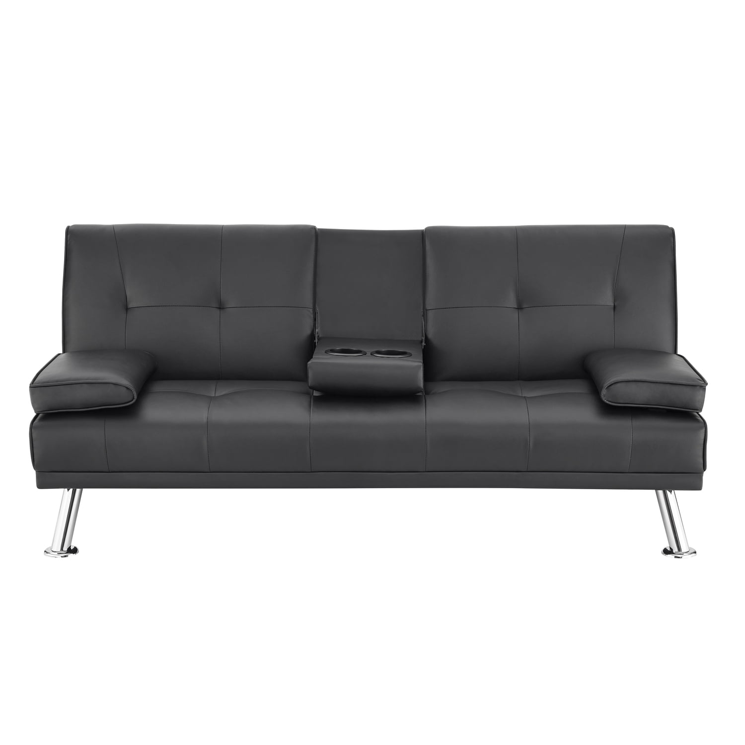 Futon Sofa Bed, Faux Leather Futon Couch with Armrest and 2 Cupholders, Pull Out Sofa Bed Couch Convertible with Metal Legs, Folding, Reclining Small Couch Bed, Futon Bed for Living Room - Black