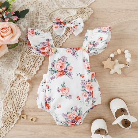 

NIUREDLTD Girls Fly Sleeve Floral Prints Romper Backless Bodysuits Headbands Set