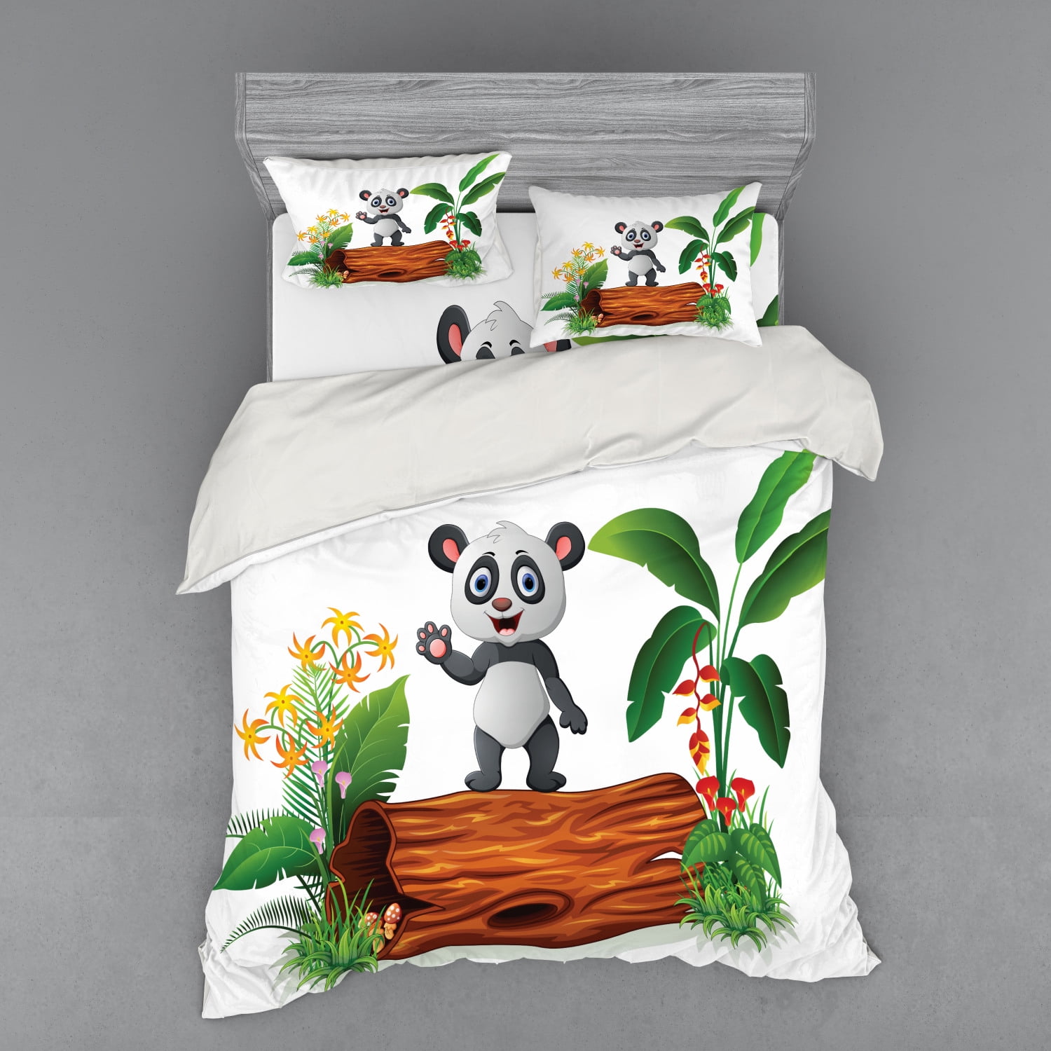 Panda Duvet Cover Set, Baby Panda Standing on a Tree Trunk Tropical