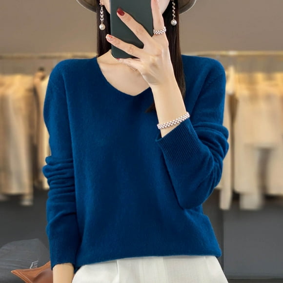 Women's Autumn And Winter New Line Pure Wool V Neck Solid Color Pullover Knitted Base Sweater