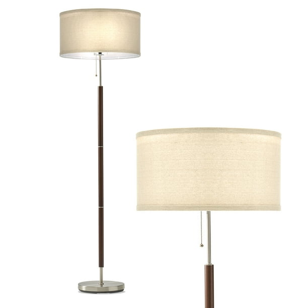 Carter 65 in. Walnut Wood LED Floor Lamp with Drum Fabric Shade and