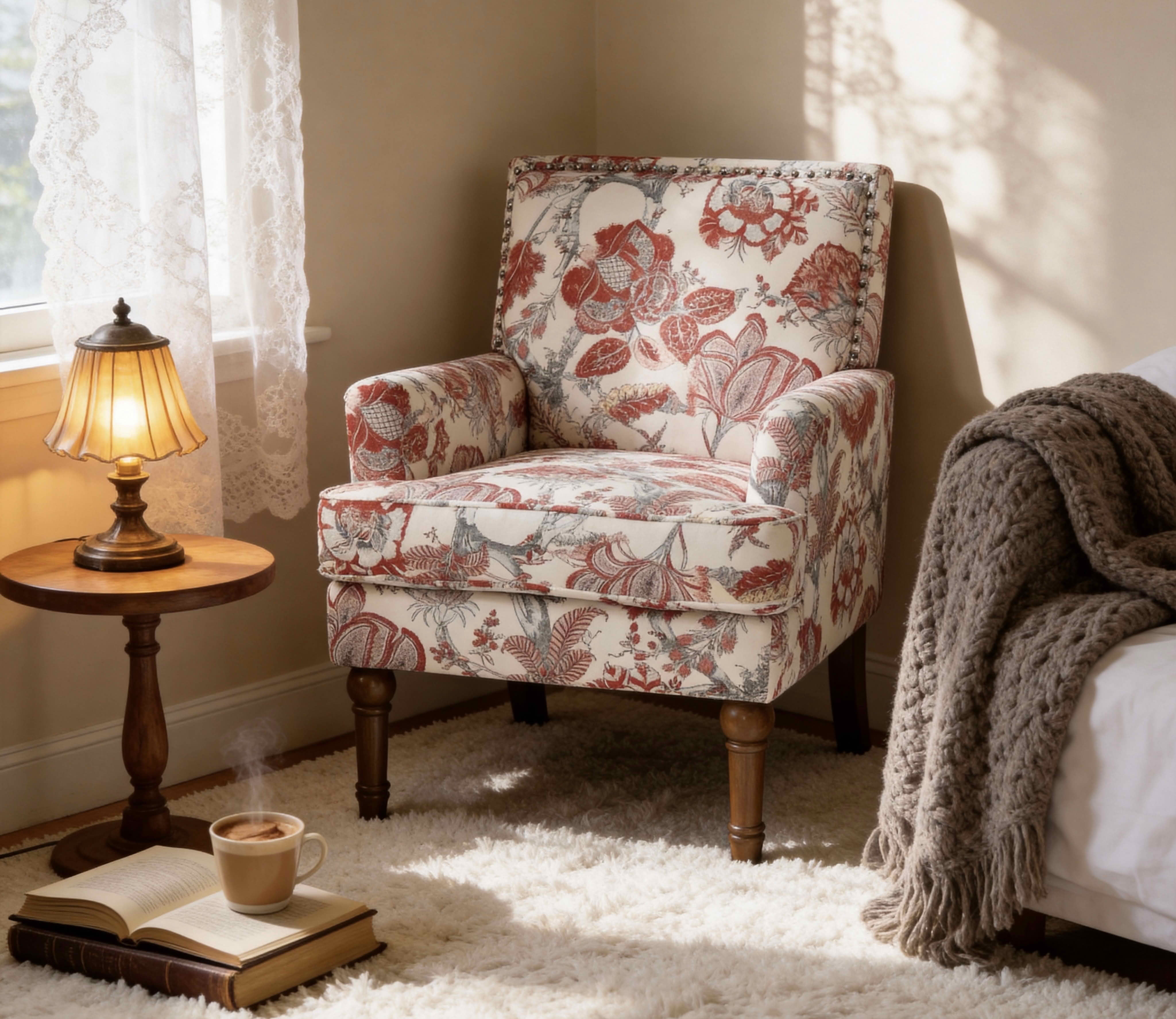 MAYEERTY 29 In Floral Accent Armchair, Farmhouse Upholstered, Nailhead Trim, Wood Legs, Red