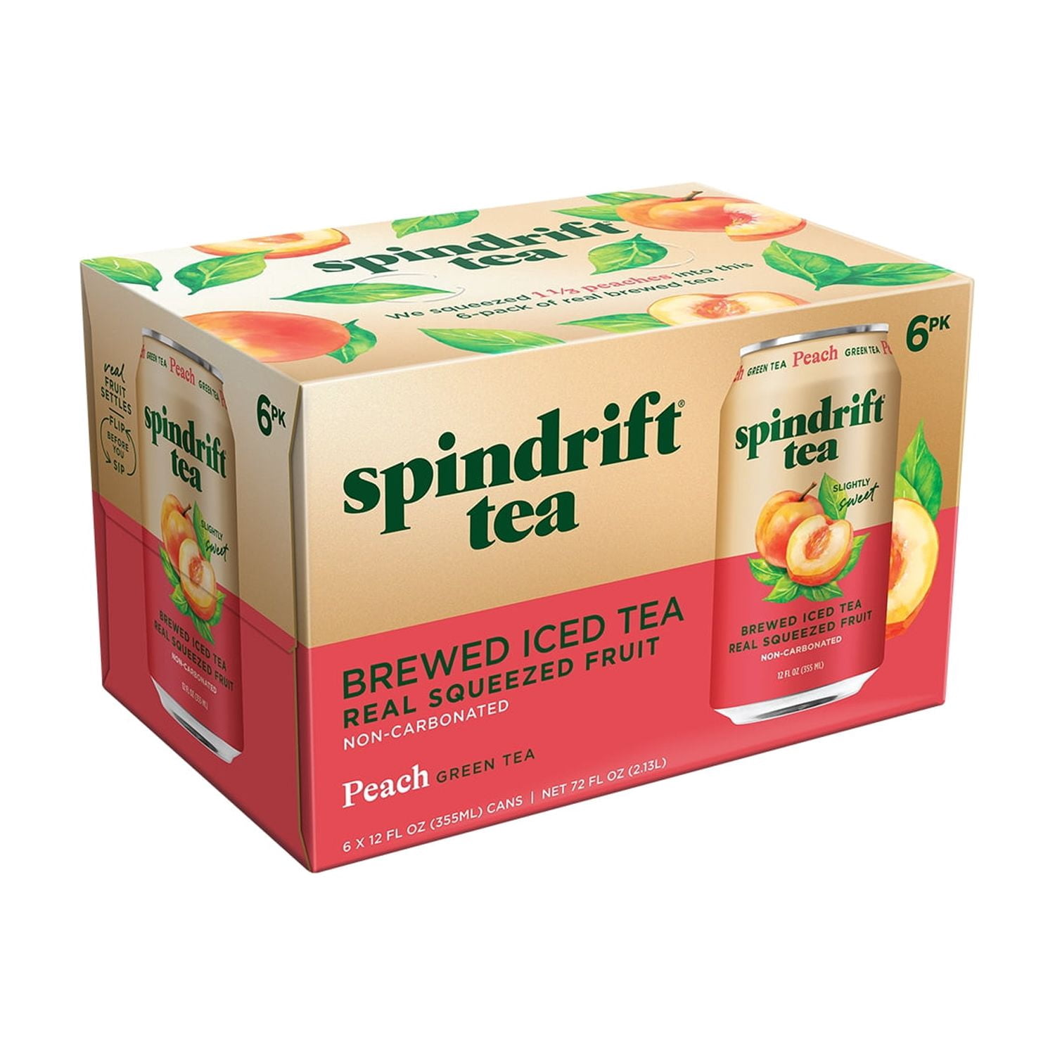 Spindrift Peach Iced Tea, Real Brewed Green Tea with Real Squeezed Peach Juice, Low Calorie (49 Calories), No Artificial Sweeteners, 6 Pack, 12 fl oz Cans