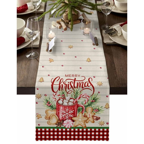 Christmas Table Runner Gingerbread Hot Cocoa Table Runners Pine Needles Buffalo Plaid Cotton Linen Dresser Scarf Kitchen Dining Table Decor for Christmas Holiday Party Decor 13x72 Inch
