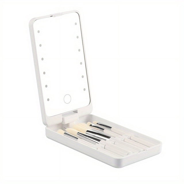 MesaSe LED Makeup Mirror With Full Set Brushes Touch Screen Lighted Compact Mirror Makeup Brushes Holder Case Travel Portable Makeup Touch-up Mirror With Face Eye Makeup Brush Kit Gift