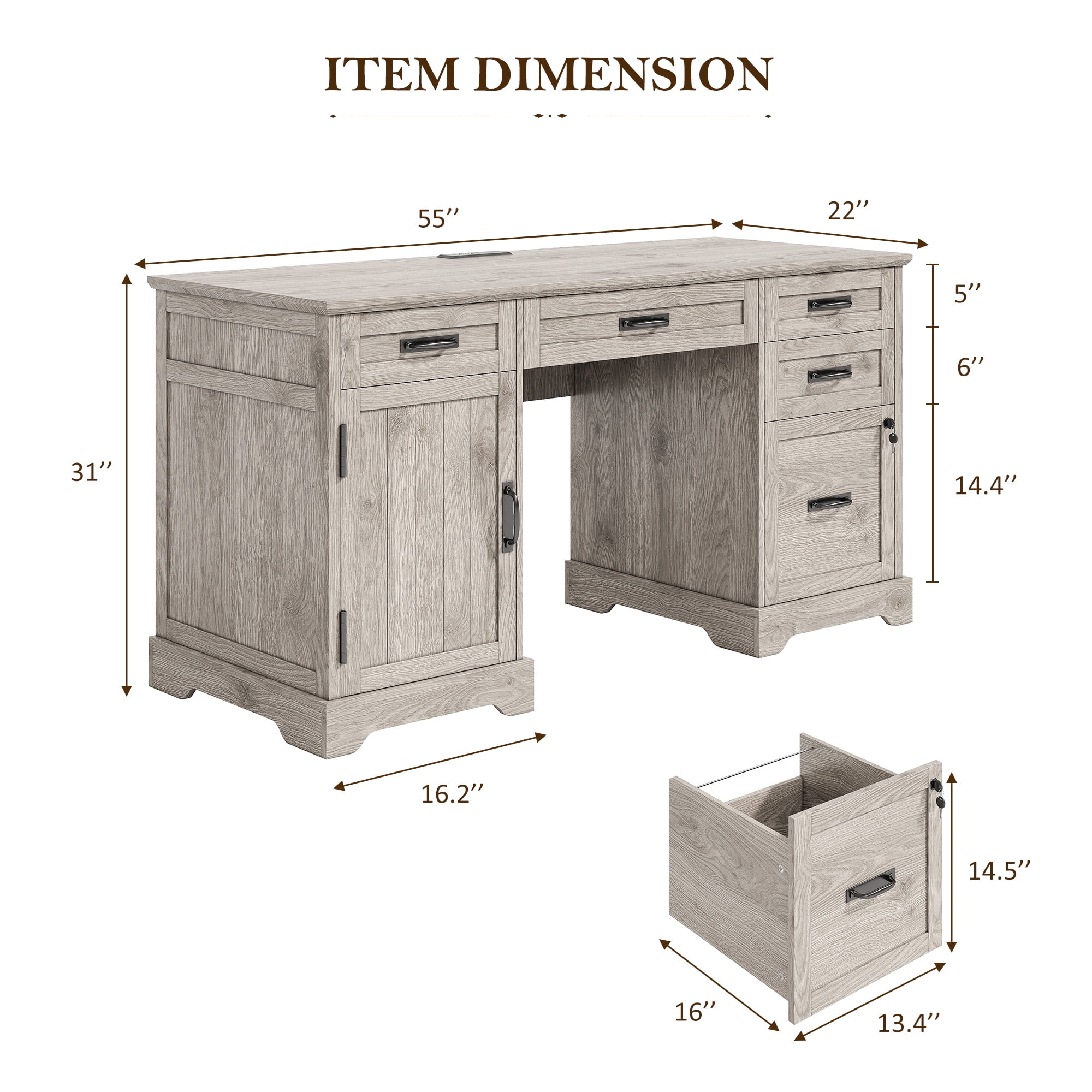 Executive Desk with File Drawers, 55'' Farmhouse Desk Modern for Adult Home Office, Wash Gray