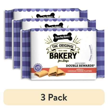 (3 pack) Three Dog Bakery Double Rewards Apple & Cheese Soft & Chewy Treats for Dogs, 10oz