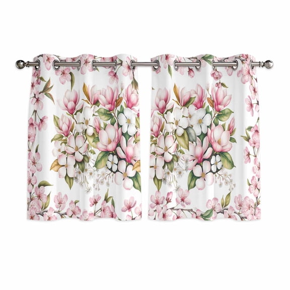 Spring Floral Kitchen Curtains Window Panels, Retro Pink Orchid Flowers Leaves Botanical Insulated Window Treatment Curtain, Grommet Curtains for Bedroom/Living Room/Bathroom, 2 Piece 52"Wx45"L
