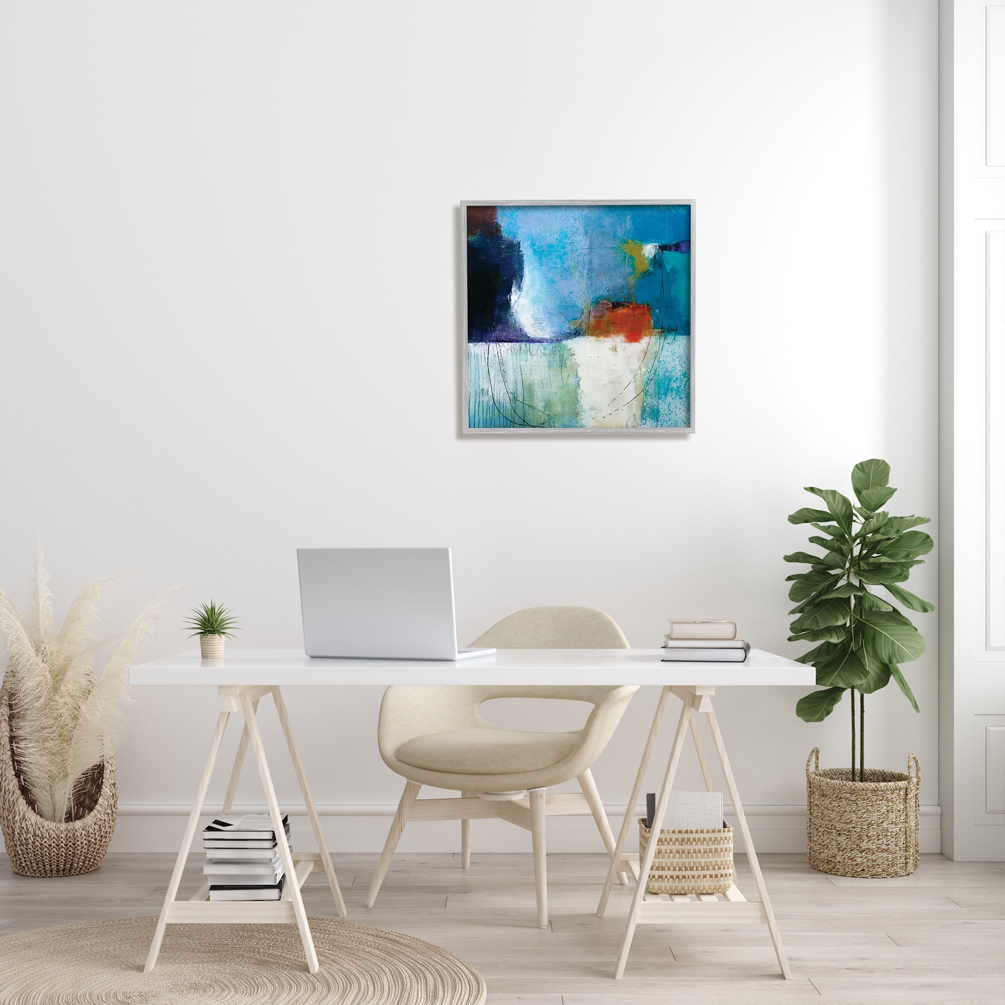 Stupell Industries Modern Paint Abstraction Blue Red White Blocks Rustic Painting Gray Framed Art Print Wall Art, 24 x 24, Design by Pamela K. Beer