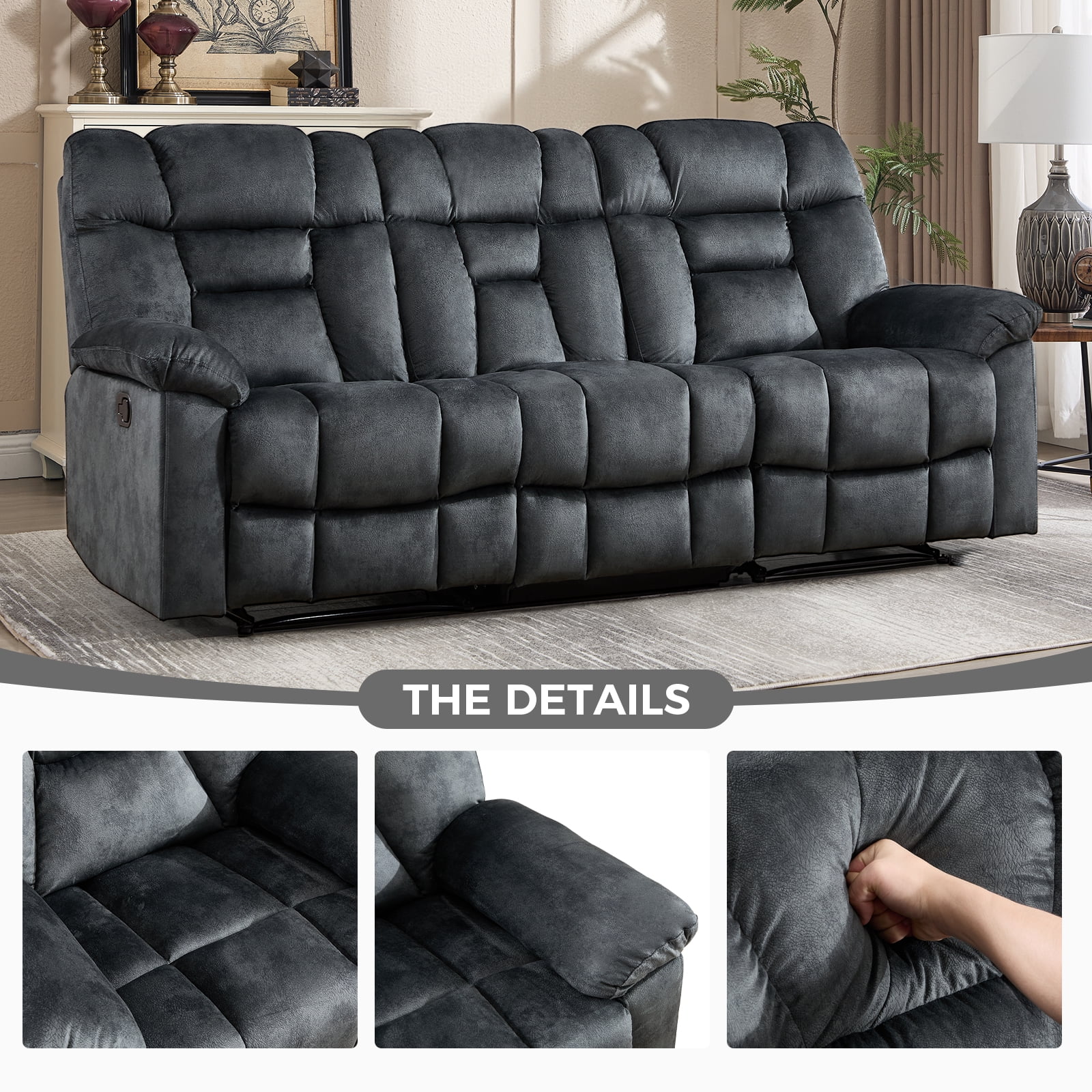 Bonzy Home Manual 3-Seat Reclining Sofa — Wide Backrests & Headrests, Gray