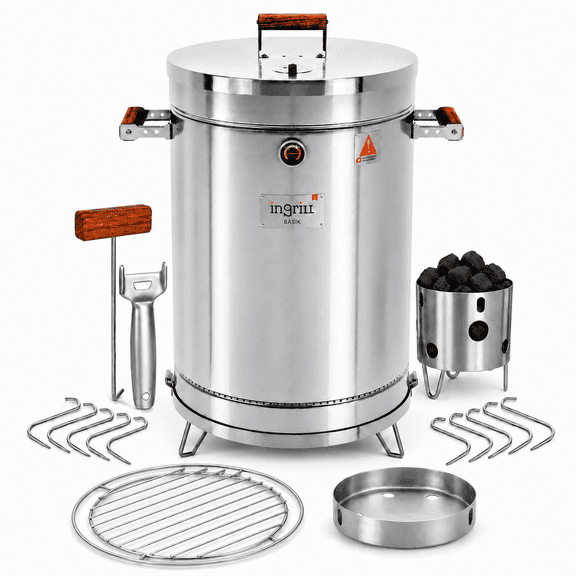INGRILL 3-in-1 Medium Charcoal Smoker Barrel 40 lbs – Stainless Steel BBQ Drum for Smoking, Grilling & Baking – Portable Outdoor Cooker with Thermometer, Hooks & Grill Rack