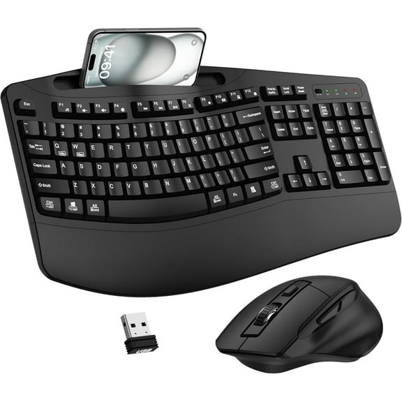 Wireless Keyboard and Mouse Combo, 2.4G Full Size Wave Keys Ergonomic Keyboard with Wrist Rest, Phone Holder
