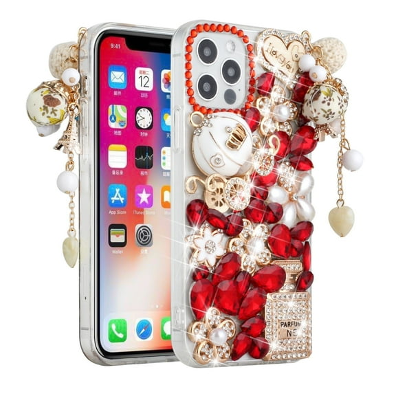 For Apple iPhone 15 (6.1") Bling Crystal 3D Full Diamond Luxury Transparent Rhinestone Hybrid Cover ,Xpm Phone Case [ Ultimate Multi Ornament Red ]