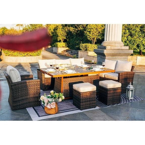 7-Piece Patio Conversational Sofa Set with a Gas Firepit and Ice Container Rectangle Dining Table, Brown