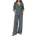thumbnail image 2 of Bloomae Women's Loungewear Set 2 Piece Cotton Linen V Neck Long Sleeve Shirt & Wide Leg Pants with Pockets Lightweight Casual Solid Color Loose Fit Summer Outfit Gray XXL, 2 of 7