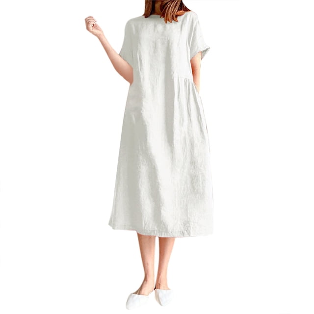 2025 Robe Maxi Courte à Col Rond pour Femmes, Manches, Couleur Unie, Coupe Ample, Longue Maxi pour Femmes, Ajustée, Mi-Longue