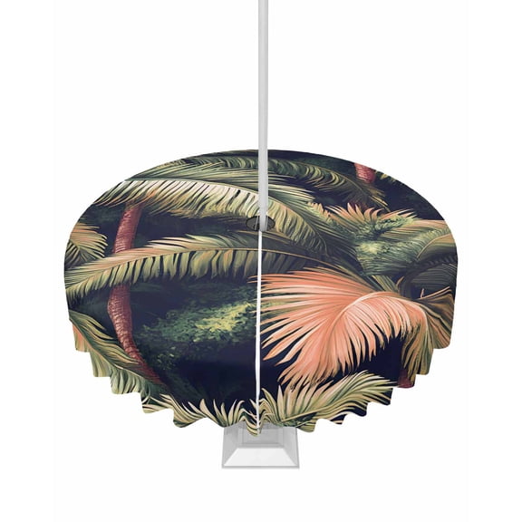 Hokiten Outdoor Tablecloths with Umbrella Hole & Zipper, Palm Forest Round Tablecloth 54 Inch, Country Summer Tropical Plants Forest Waterproof Table Cloth, Patio/Pool/Picnic Table Covers