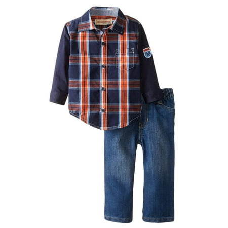 Kids Headquarters Infant Boys 2P Blue Orange Plaid Shirt Denim Pants Set