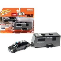 1997 Chevrolet Tahoe "SWAT" Custom Gray Metallic and Black w/Camper Trailer 1/64 Diecast Model Car by Johnny Lightning