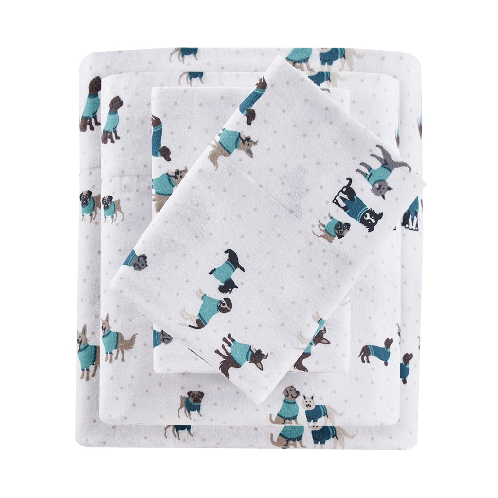Intelligent Design Cozy Soft 4-Piece Queen Cotton Flannel Printed Sheet Set, Teal Dogs