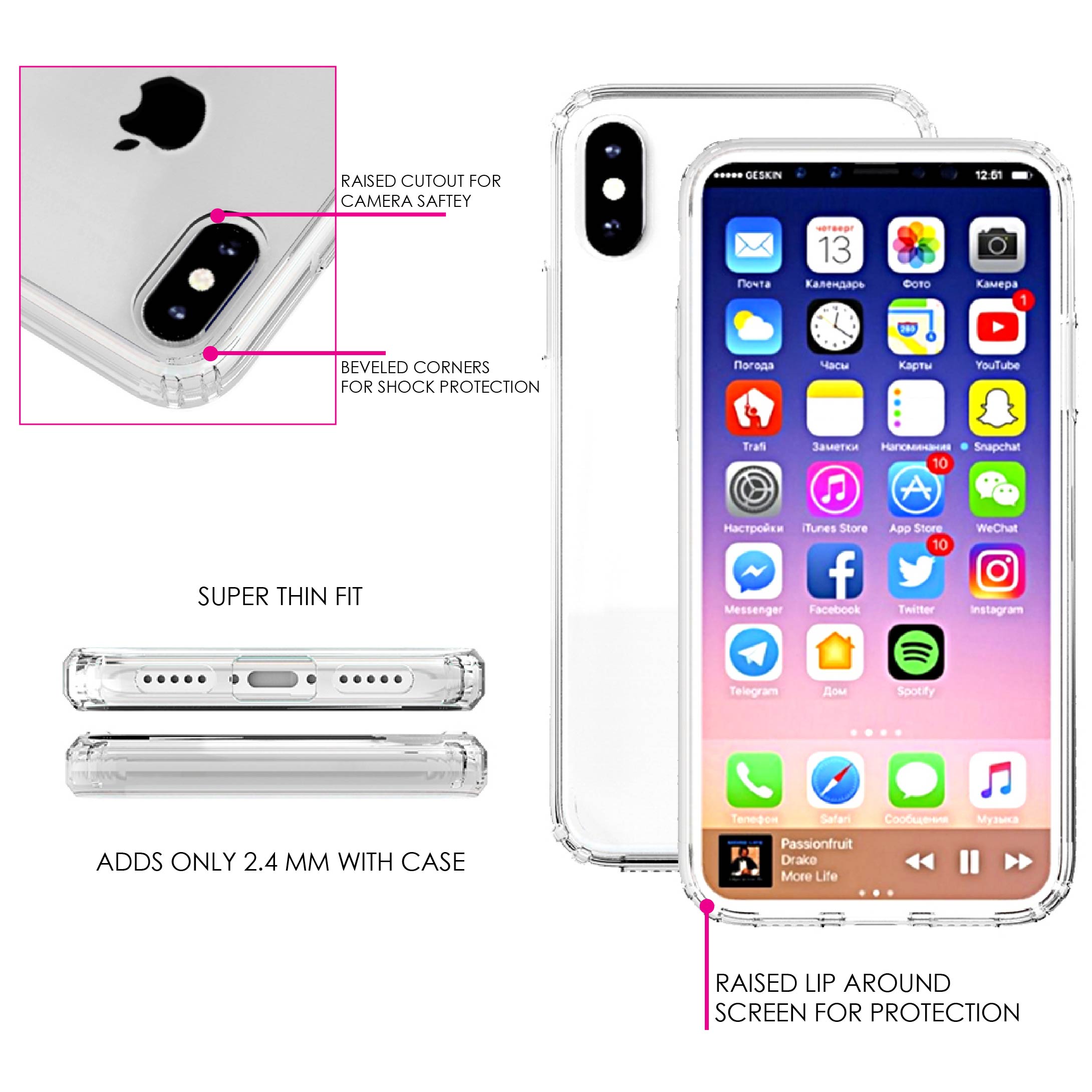 DistinctInk Clear Shockproof Hybrid Case for iPhone X / XS (5.8" Screen) - TPU Bumper, Acrylic Back, Tempered Glass Screen Protector - Red Stainless Steel Image - Printed Image of Stainless - image 2 of 5