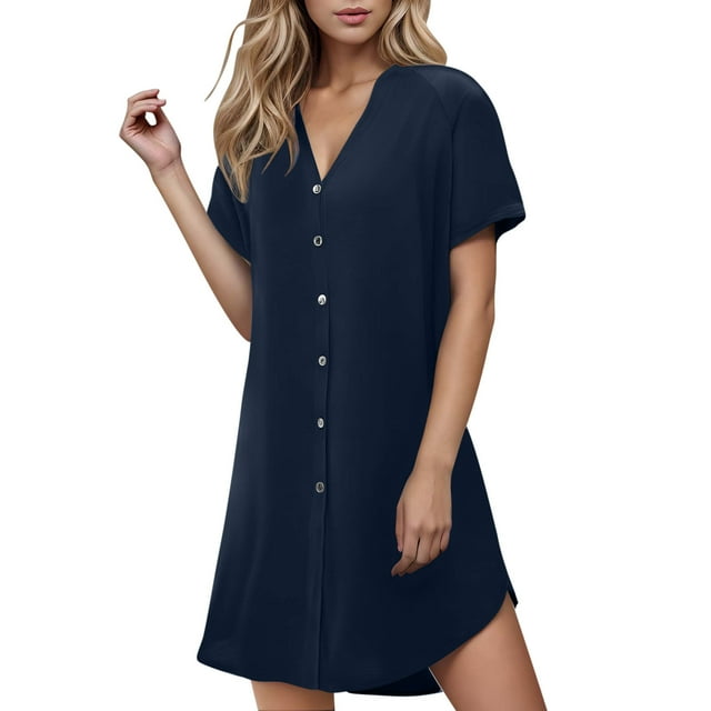 Amzcrzy Robes d'Été pour Femmes Couleur Unie Col en V Robes d'Été pour Femmes Décontractées Bouton Manches Courtes Robe Chemise Tendance Robe Mini Ample